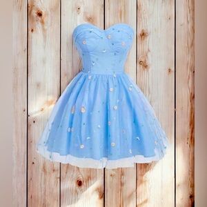 Fairycore flowing powder blue mesh overlay flare tube top dress🧚🏻